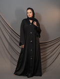 Seraphine Noir Abaya – Black Crystal Buckle Front Detail