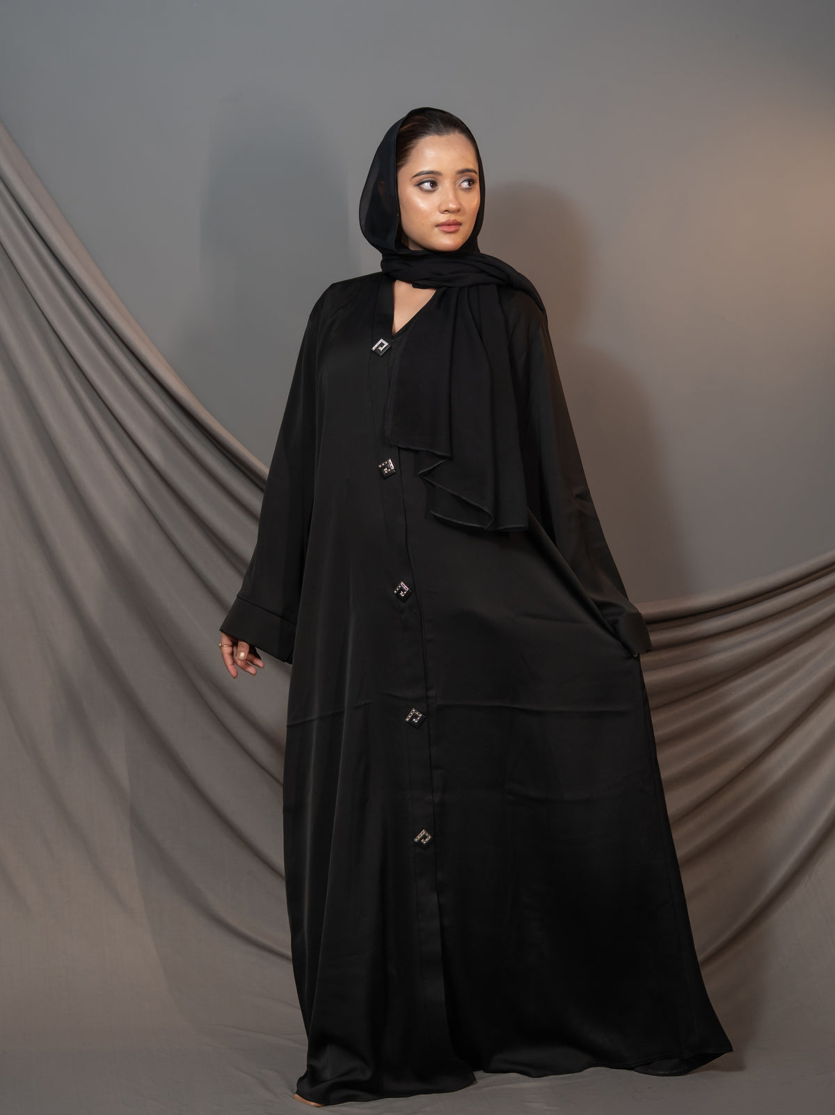 Seraphine Noir Abaya – Black Crystal Buckle Front Detail