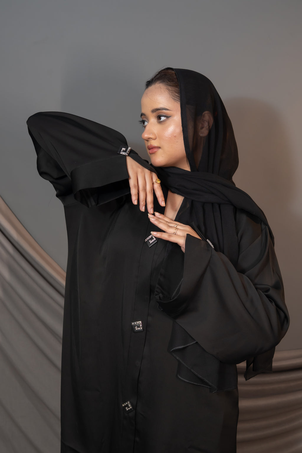 Seraphine Noir Abaya – Black Crystal Buckle Front Detail
