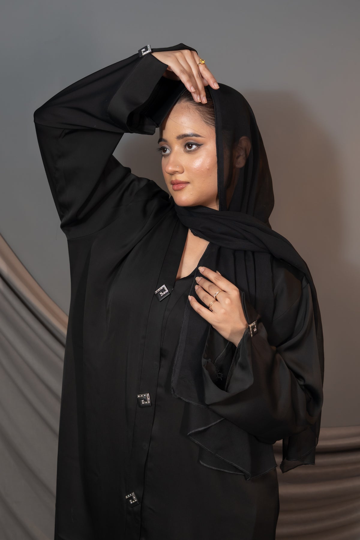 Seraphine Noir Abaya – Black Crystal Buckle Front Detail