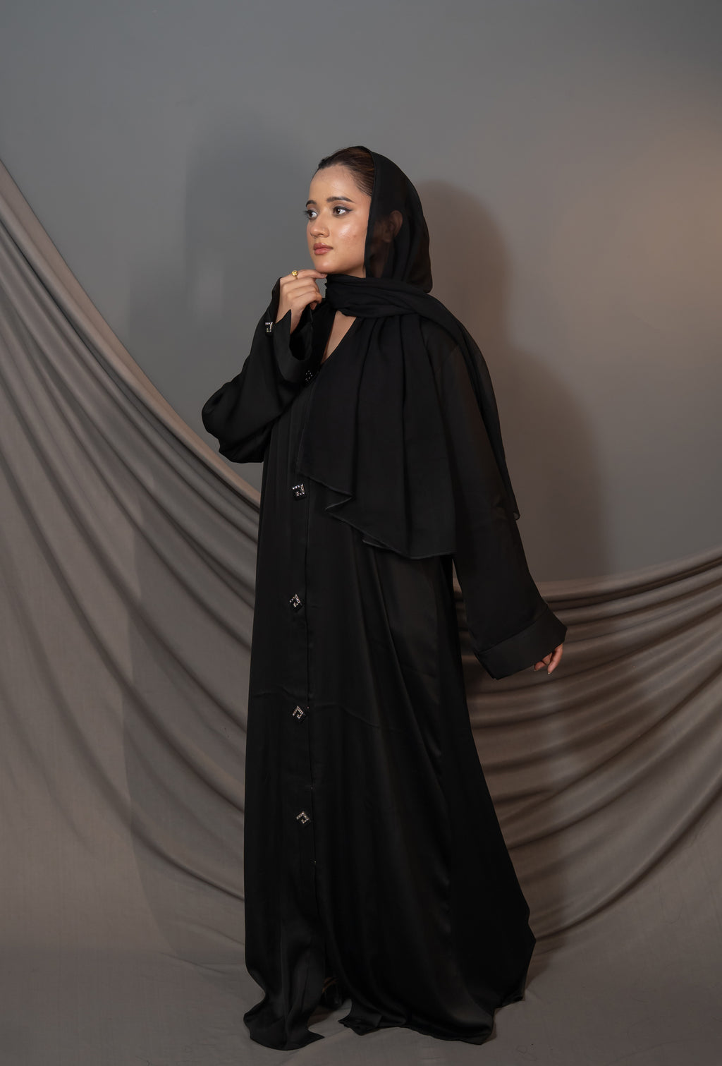 Seraphine Noir Abaya – Black Crystal Buckle Front Detail